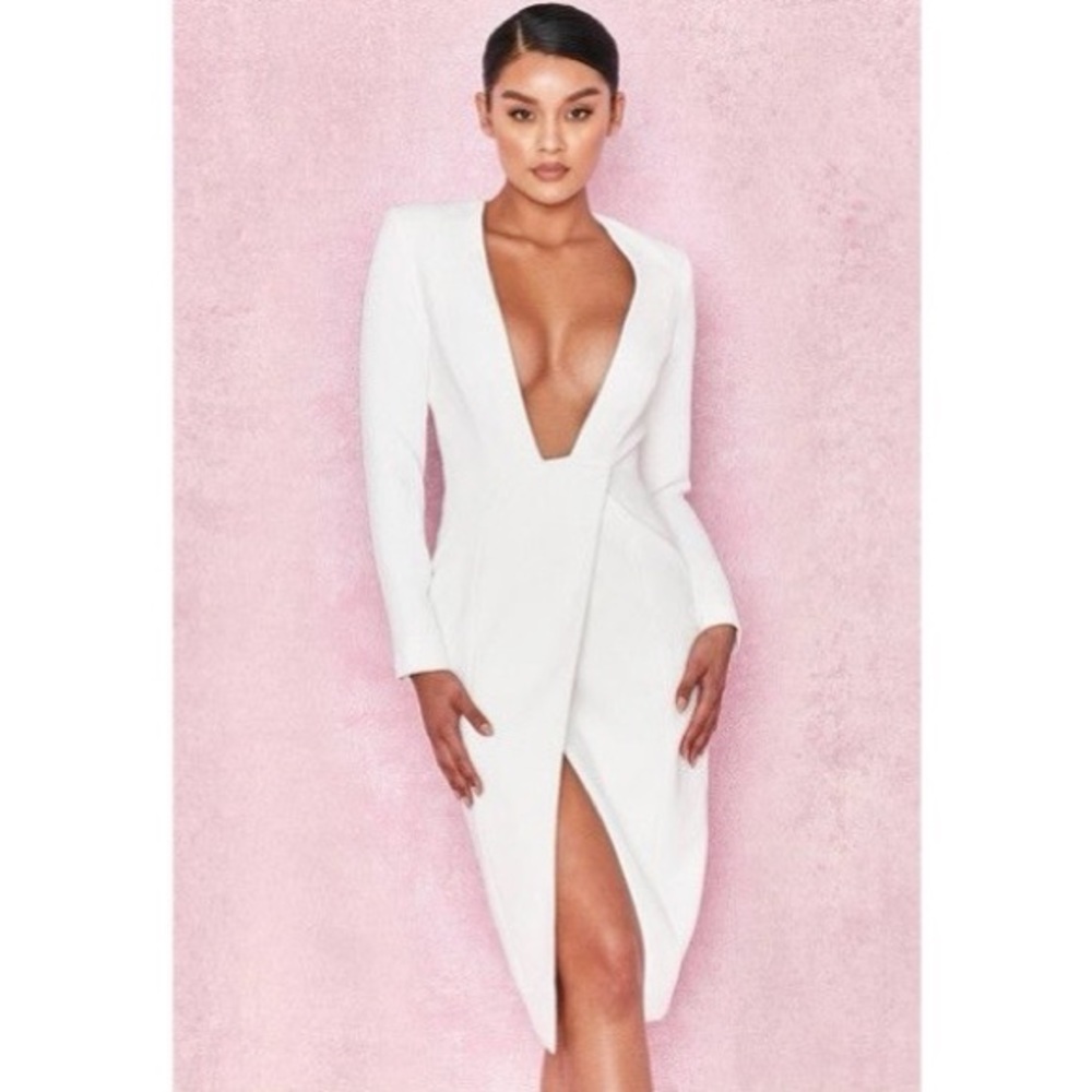 House of CB - AKALI' WHITE CREPE WRAP OVER PLUNGE DRESS - Size Small